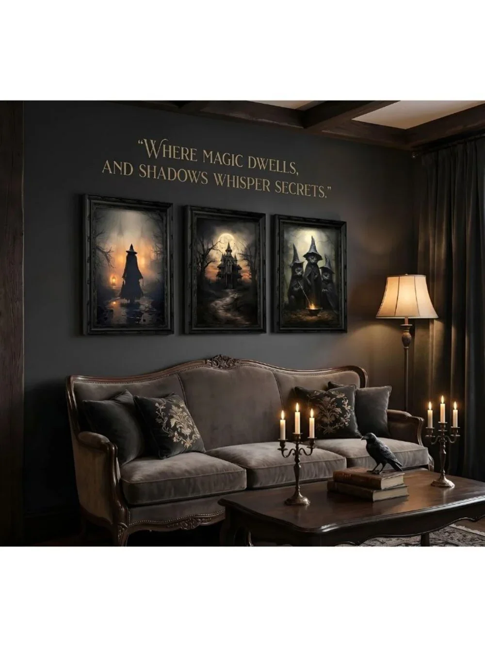 3Pcs Black Framed Halloween Wall Art - Dark Academia Witch, Cat & Castle Decor
